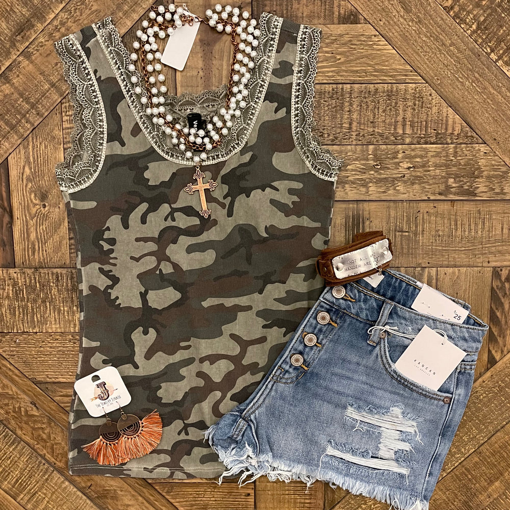 
                      
                        Ribbed Camo Tank Top With Lace Detailing - Sands Serendipity Boutique
                      
                    