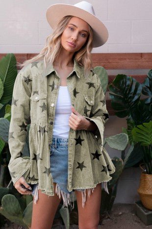 Olive Star Button Down Jacket - Painted Aces Boutique