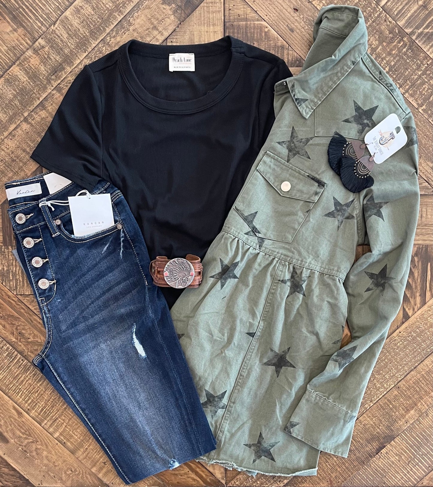 Olive Star Button Down Jacket - Painted Aces Boutique