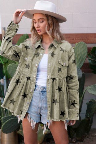 Olive Star Button Down Jacket - Painted Aces Boutique